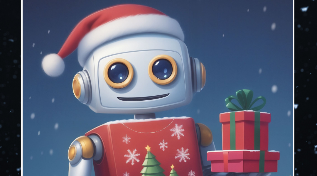 KI generierter Roboter mit roter Bommelmütze und Weihnachtspulli, hält Geschenke in der Hand, im Hintergrund schneit es
